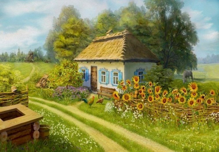 Пейзаж домик в деревне