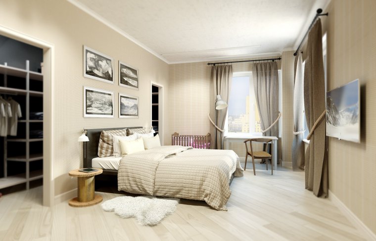 Спальня с гардеробной в бежевых тонах