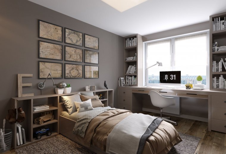 Узкая спальня с рабочим местом