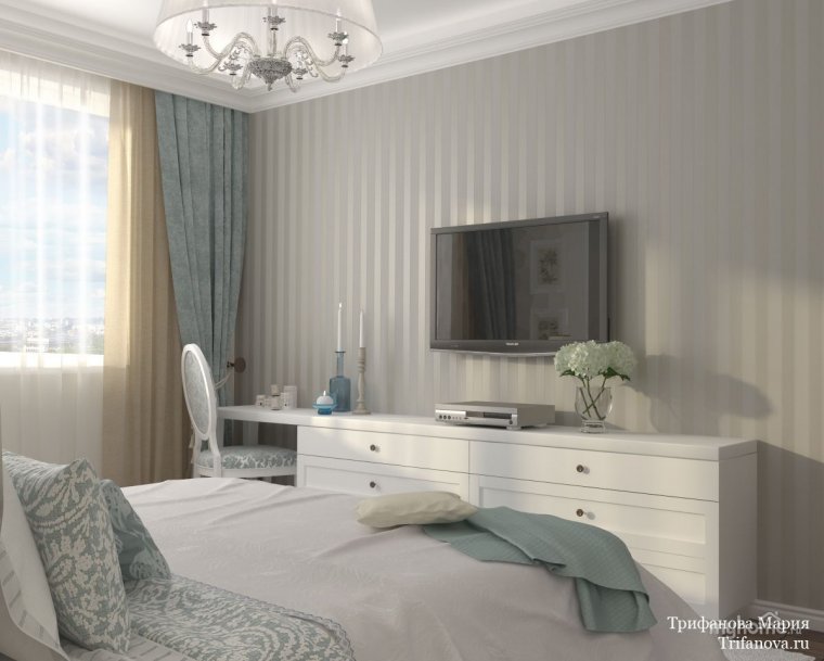 Спальня в стиле современная классика в светлых тонах с рабочим местом