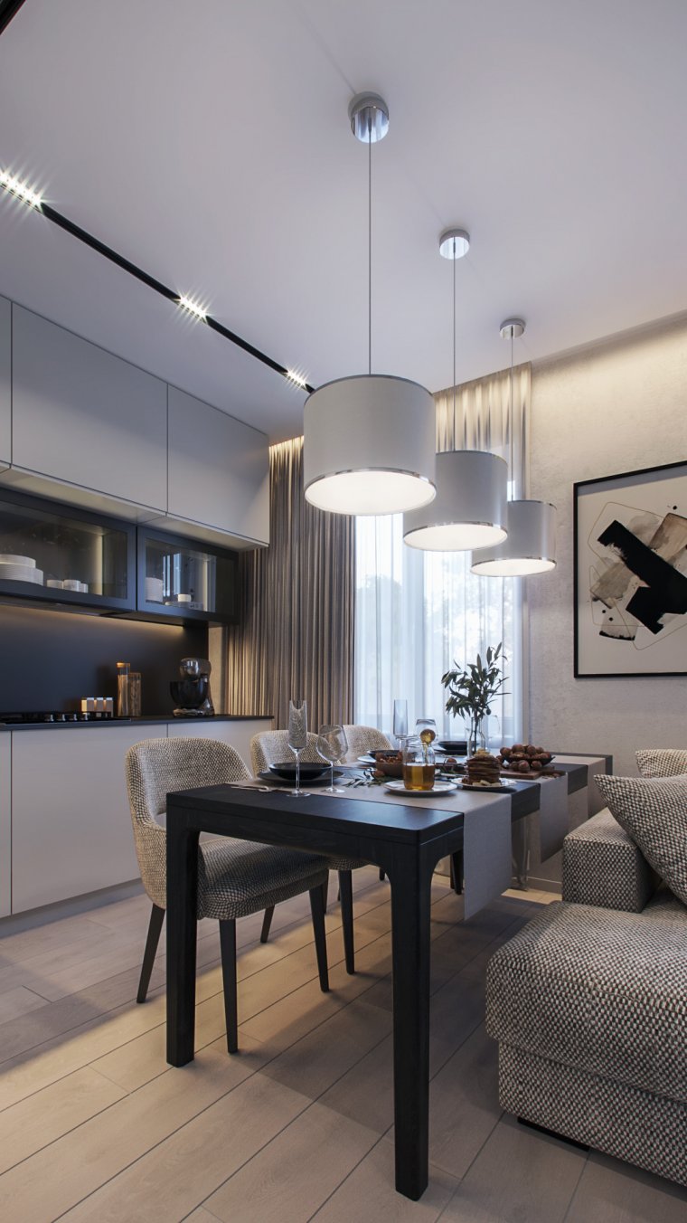 Освещение в кухне-гостиной с натяжным потолком