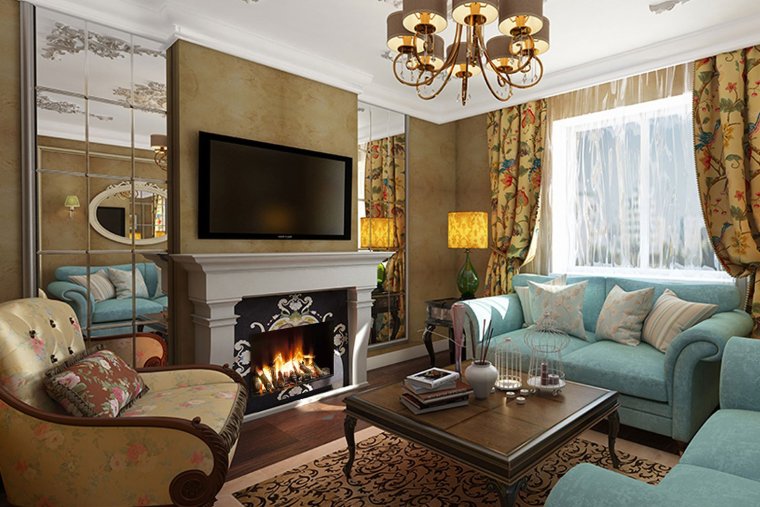 Интерьер зала с электро камином в стиле арт декор