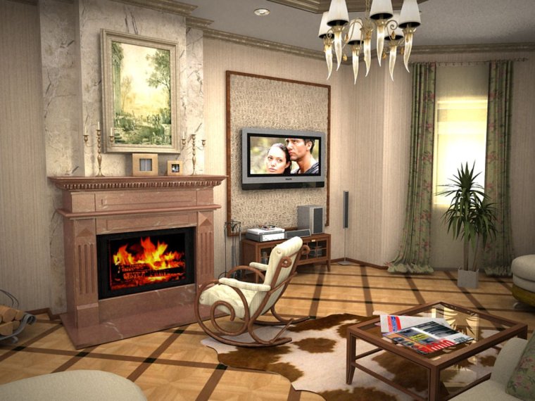 Квадратная гостиная с камином