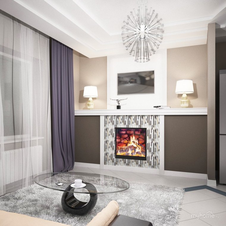 Гостиная с камином в современном стиле в квартире