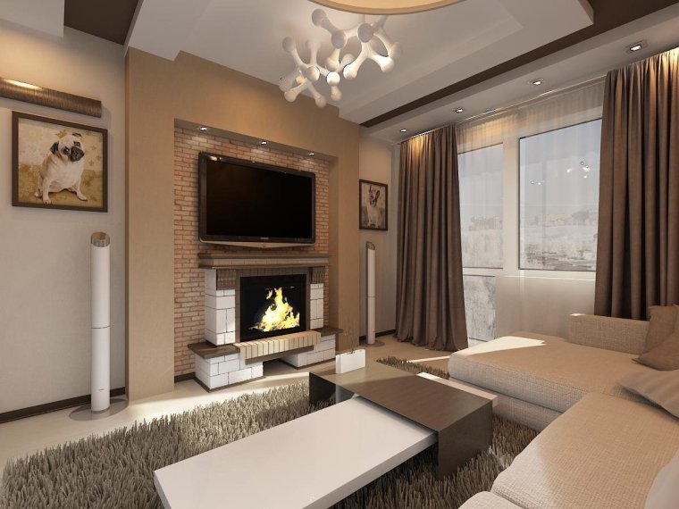 Гостиная в шоколадно-бежевых тонах с камином