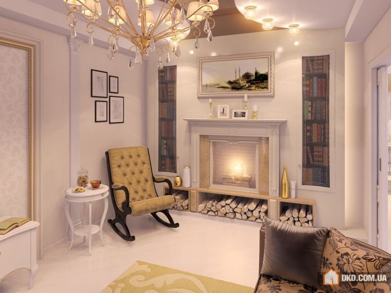 Гостиная в классическом стиле в хрущевке с камином