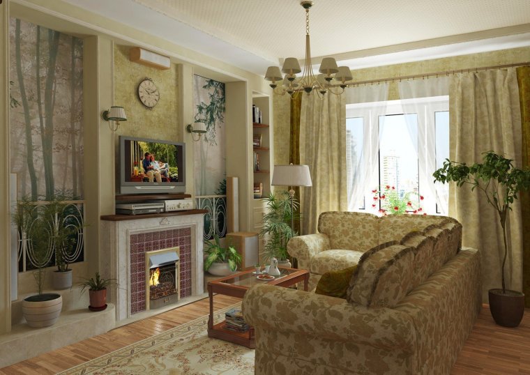 Гостиная 16 кв м с камином