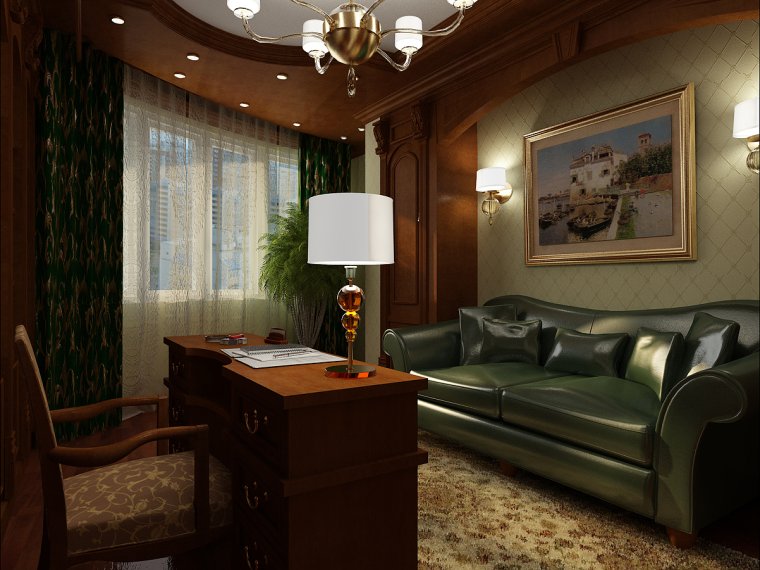 Кабинет с зелеными стенами