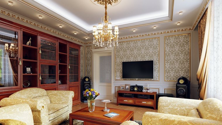 Классические обои в интерьере гостиной