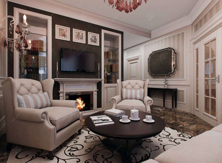 Гостиная современная классика с камином
