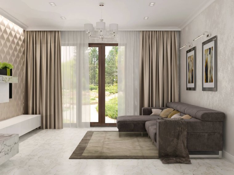 Интерьер зала в частном доме с двумя окнами