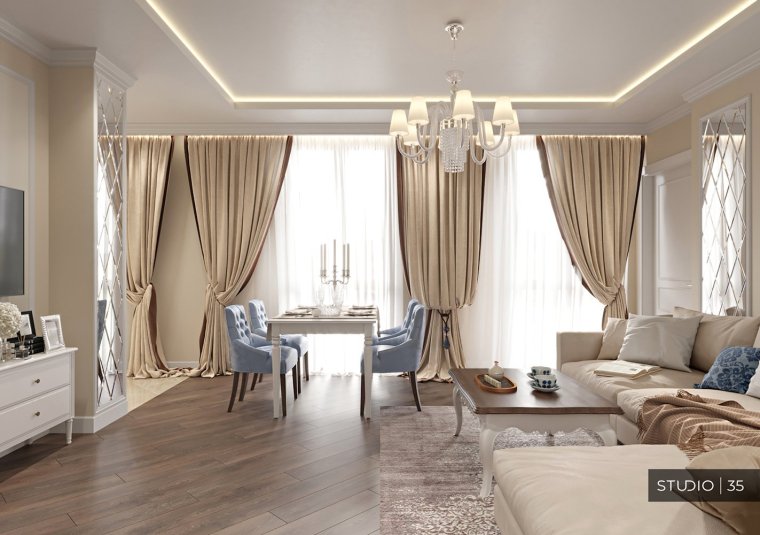 Кухня гостиная с двумя окнами