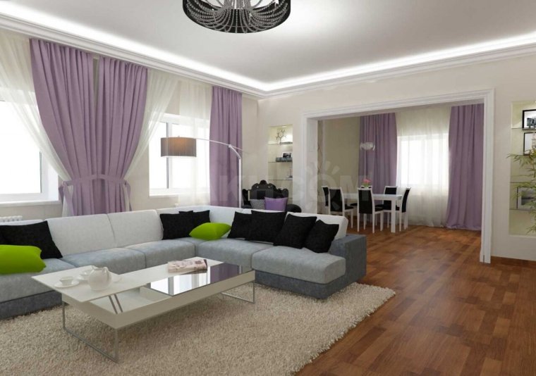 Современный зал с 3 окнами