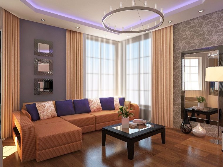 Угловое окно в интерьере гостиной