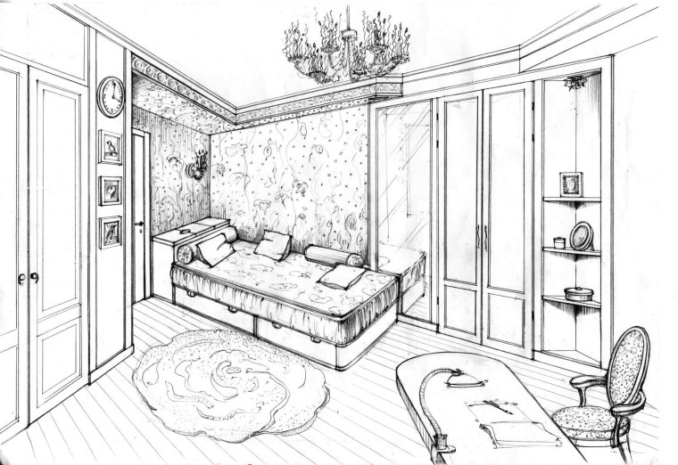 Эскиз интерьера жилой комнаты
