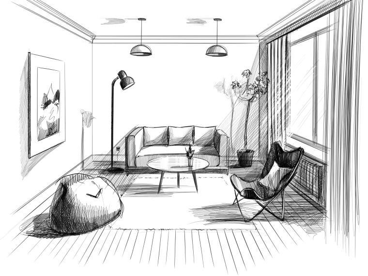 Перспектива комнаты с мебелью