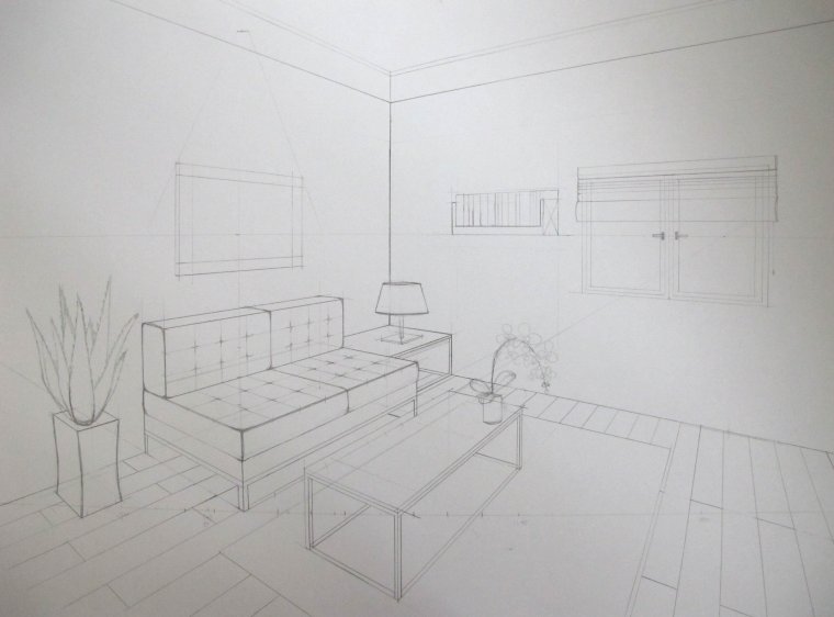 Угловая перспектива комнаты с мебелью