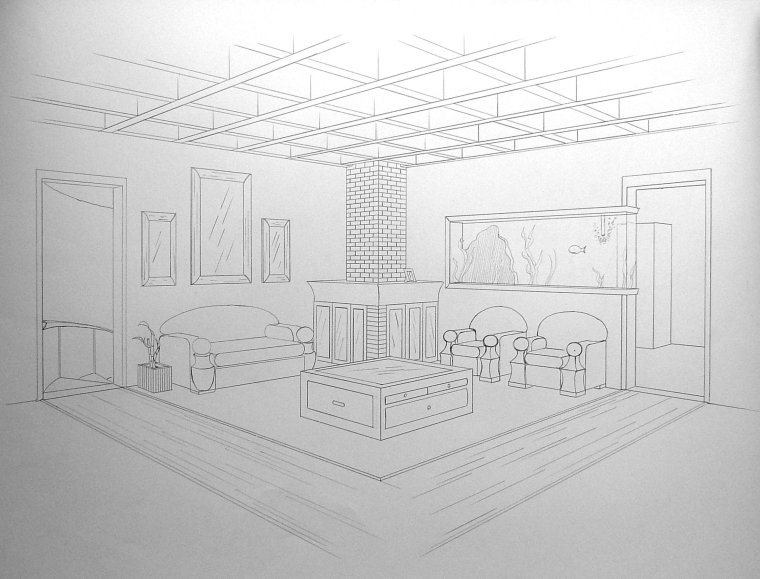 Угловая перспектива с двумя точками схода интерьер