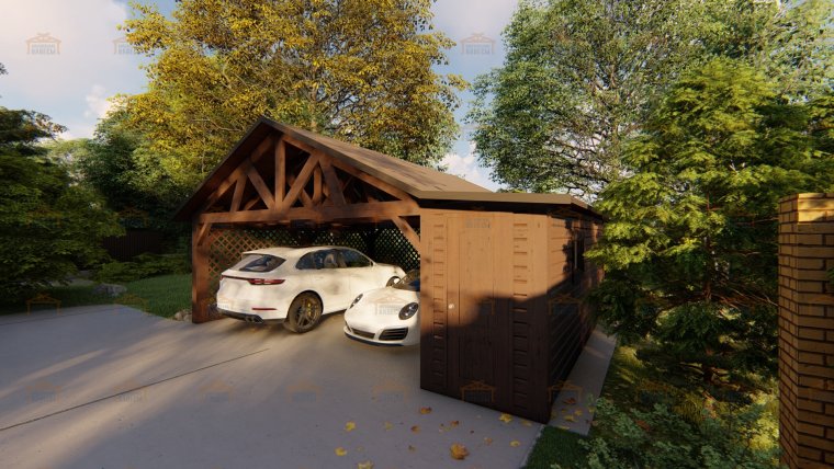 Угловой хозблок с навесом для машины