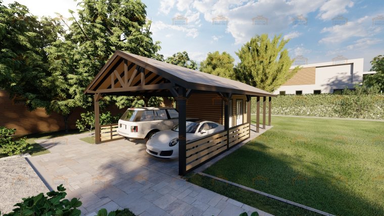 Навес на две машины с хозблоком