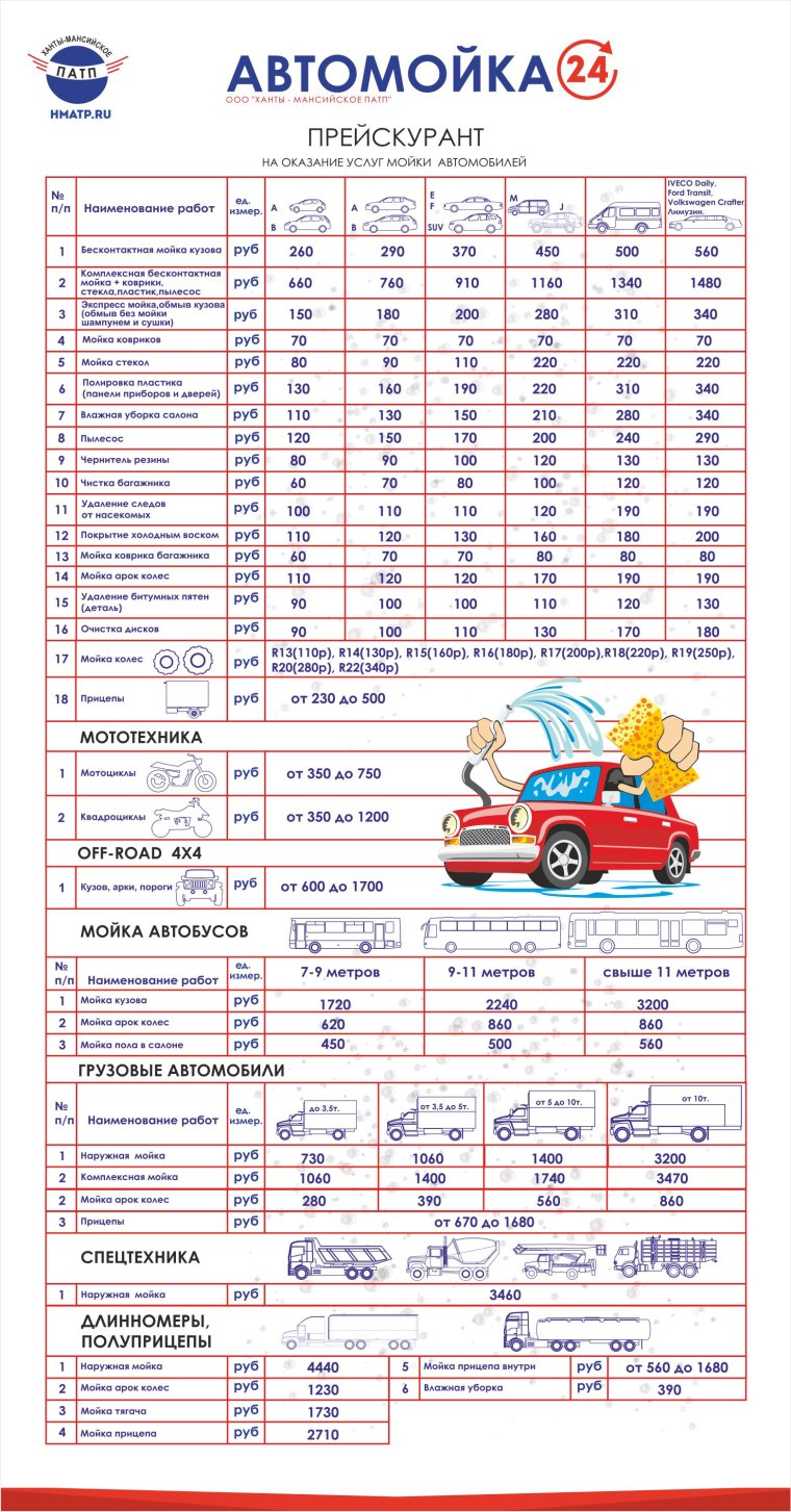 Прейскурант на мойку автомобилей