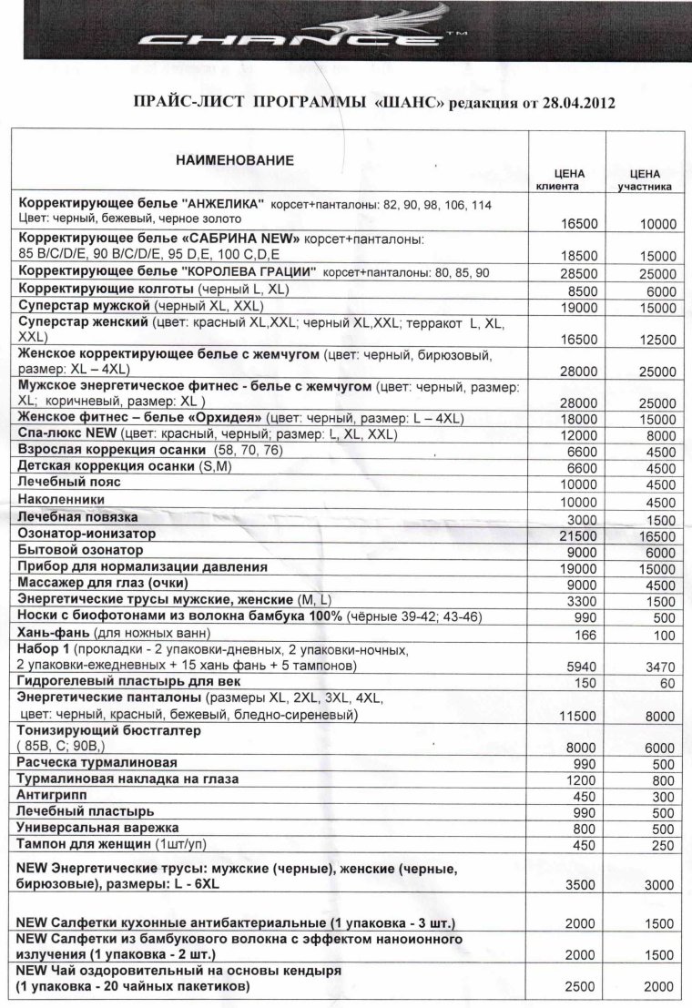 Прейскурант для клиентов