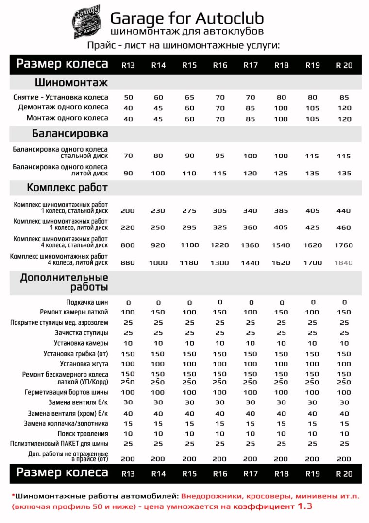 Прейскурант шиномонтажа 2019