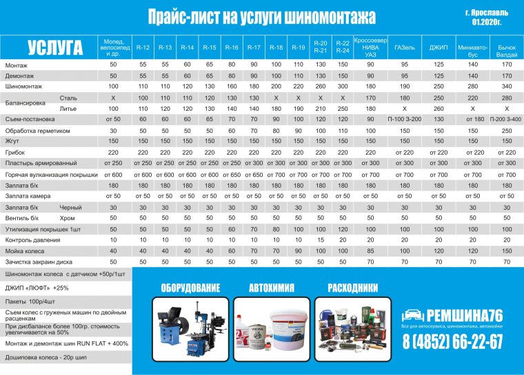 Прейскурант на грузовой шиномонтаж 2020