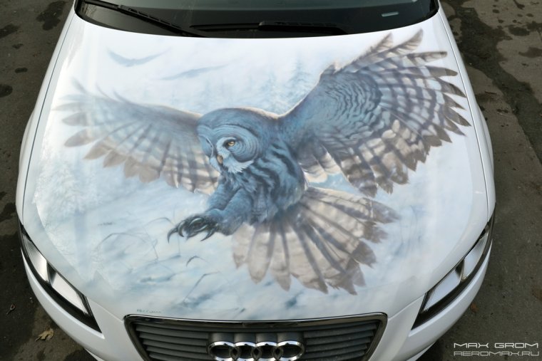 Аэрография на капоте белого авто
