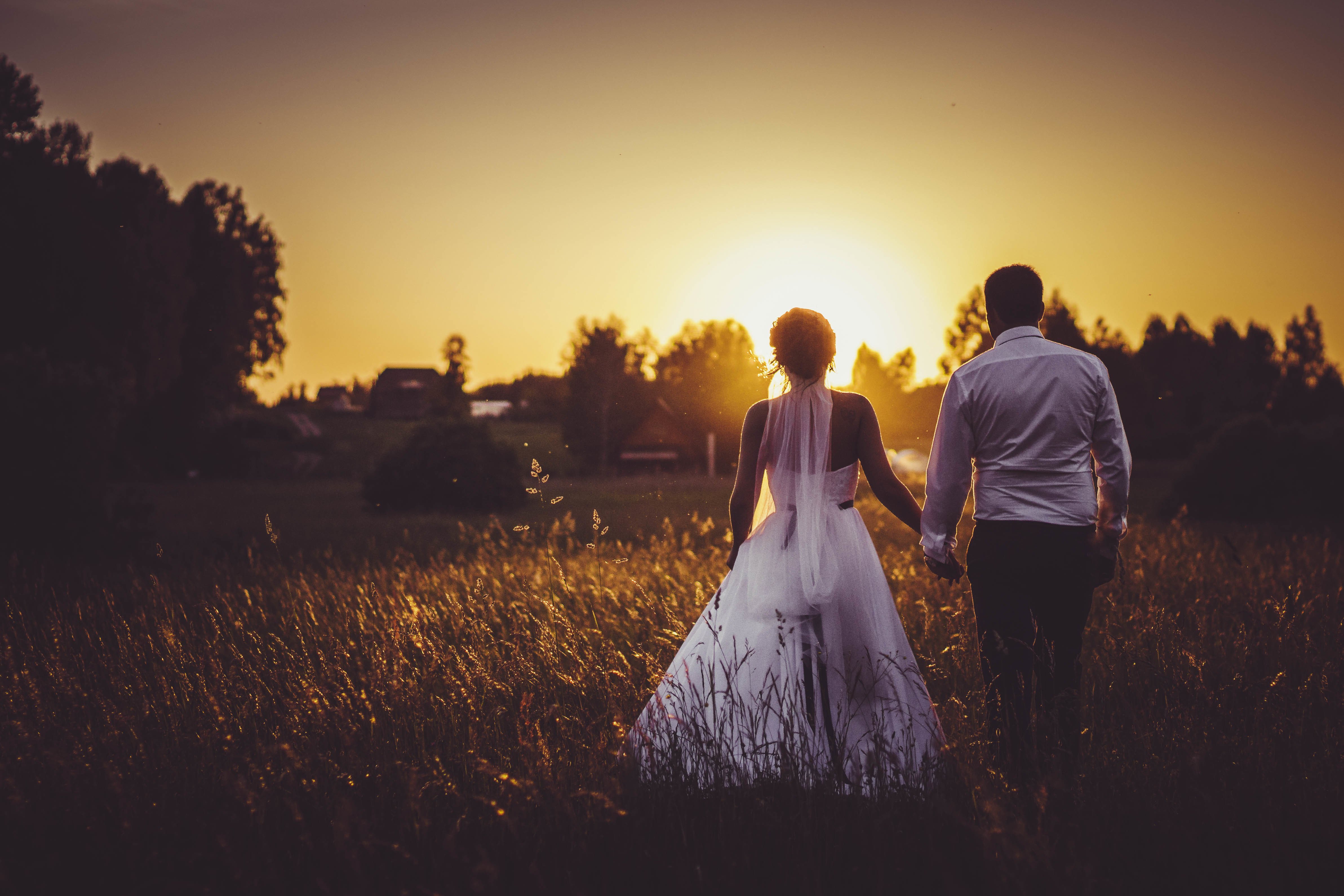 Wedding slowed. Жених и невеста на закате. Свадьба на закате. Свадебная фотосессия на закате. Молодожены в поле.