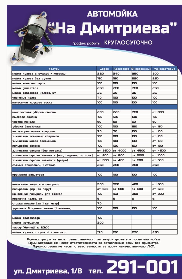 Расценки на мойку автомобилей