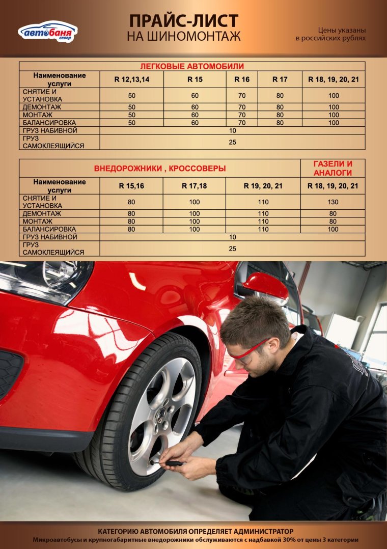 Прейскурант на услуги шиномонтажа