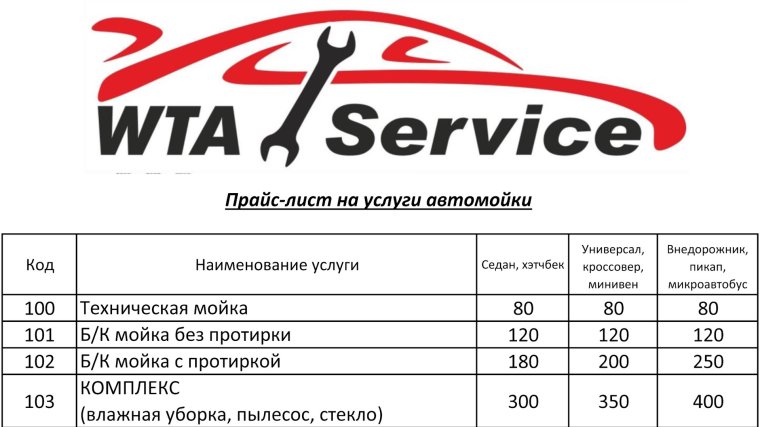 Прейскурант автомойки