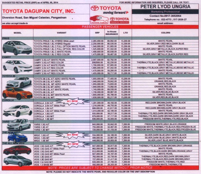 Прейскурант Тойота Королла