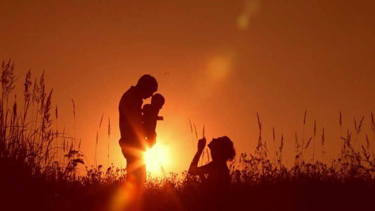 Семья на фоне заката