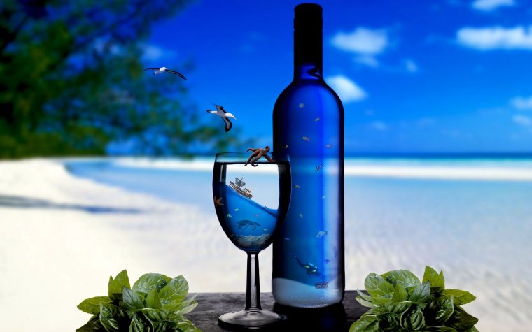 Бутылка вина на море