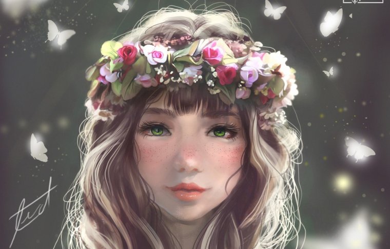 Девушка с цветами арт