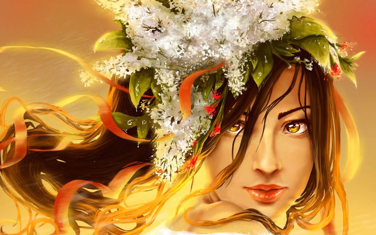 Девушка с цветами в волосах арт