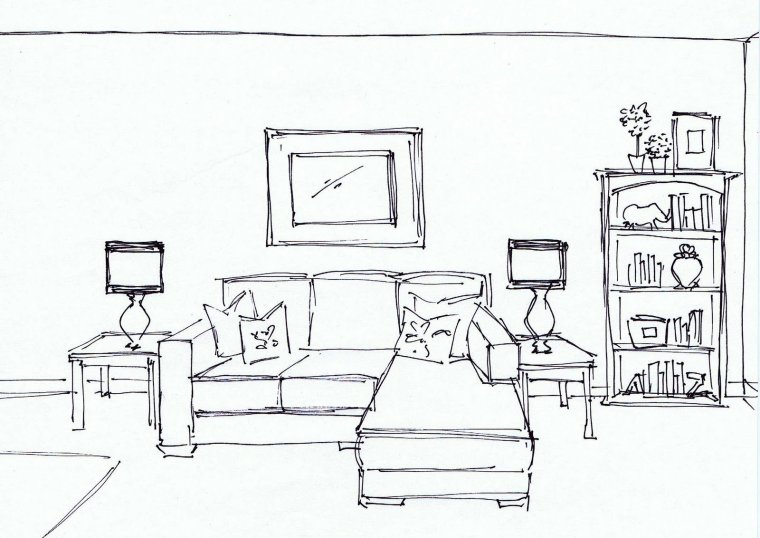 Срисовки комната с мебелью