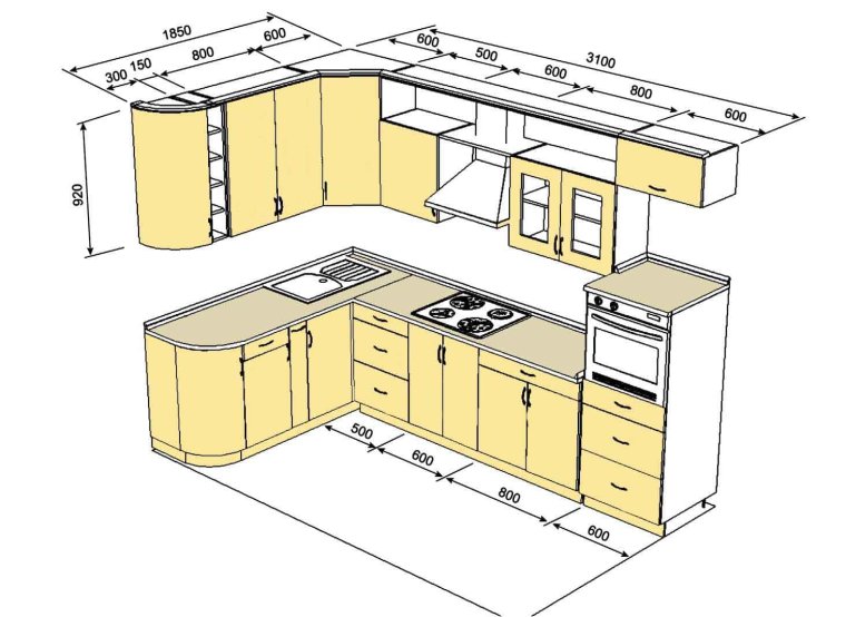Проект кухни угловой 2.5 на 1.8