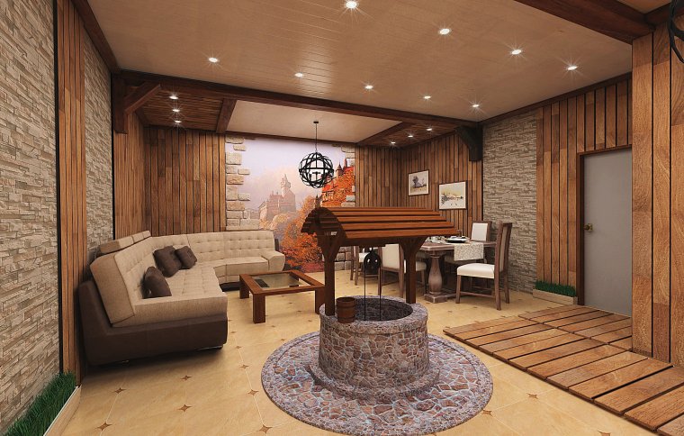 Интерьер бани с комнатой отдыха