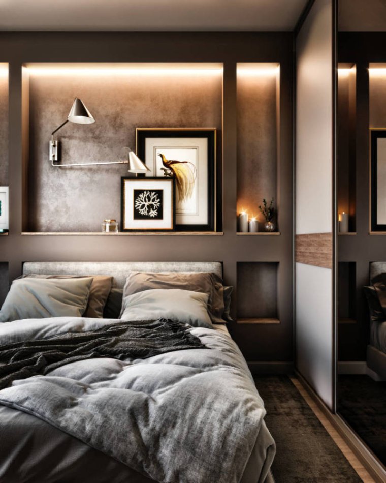 Коричнево серая спальня