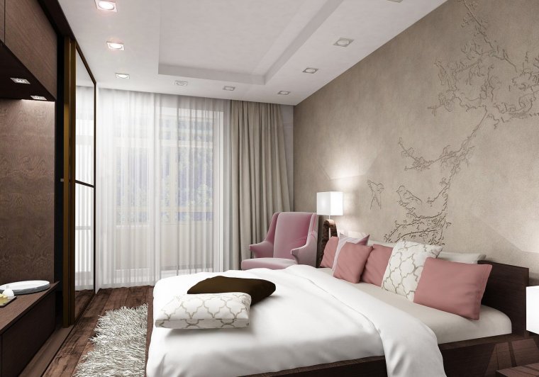 Спальня в бело коричневых тонах