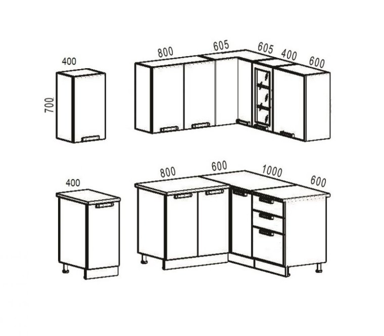 Угловая кухня 1800х1800 с размерами