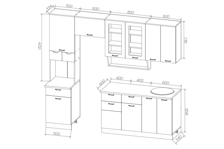 Схема кухонного гарнитура углового с размерами 6кв