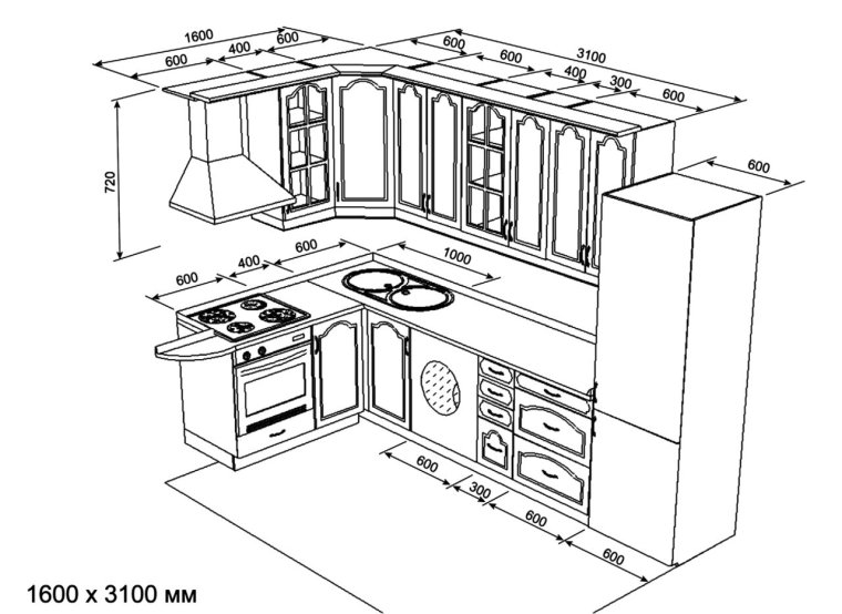 Эскиз кухни с размерами