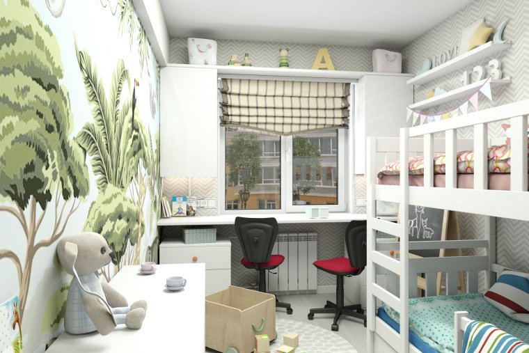 Интерьер прямоугольной детской комнаты для девочки