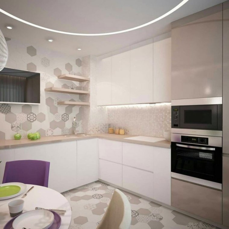 Белая угловая кухня с телевизором