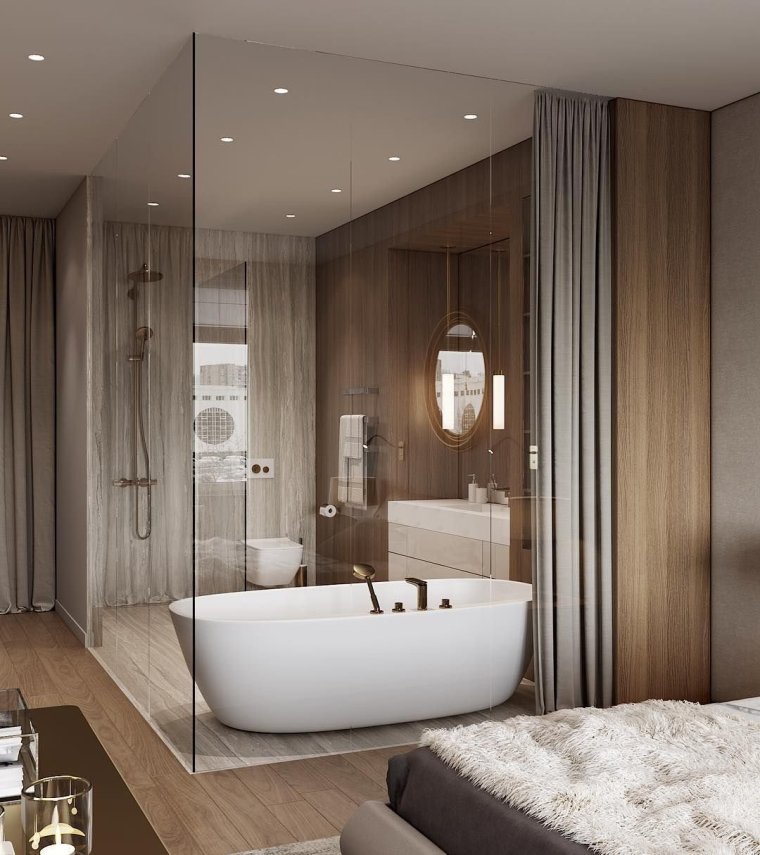 Отдельностоящая ванна в спальне