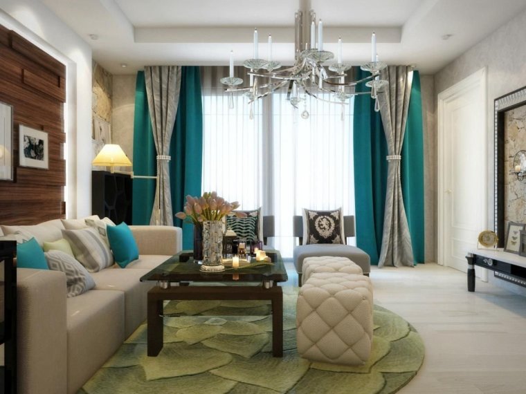Гостиная с изумрудными шторами